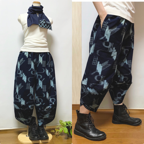 久留米絣サルエルパンツ+ストール*着物リメイク キュロット 久留米絣サルエルパンツ+ストール*着物リメイク キュロット
