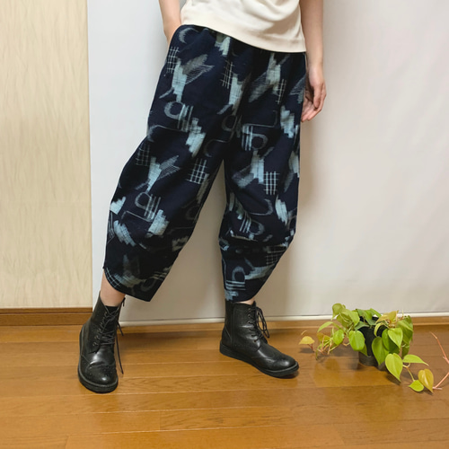 久留米絣　三角サルエルパンツ 久留米絣サルエルパンツ＋ストール＊着物リメイク