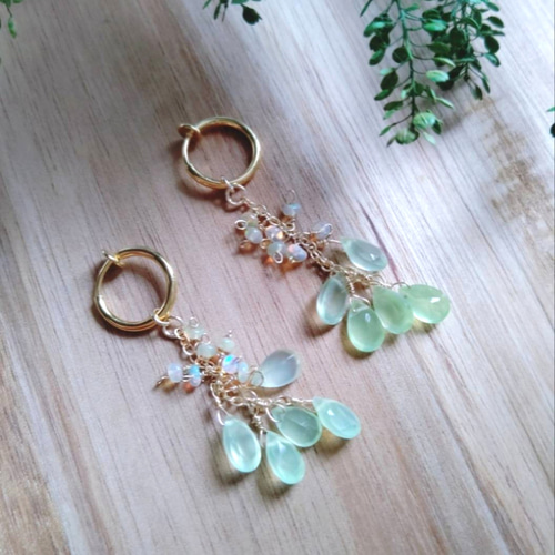 14kgfグリーンカラーオパールファセットカットピアス/イヤリング