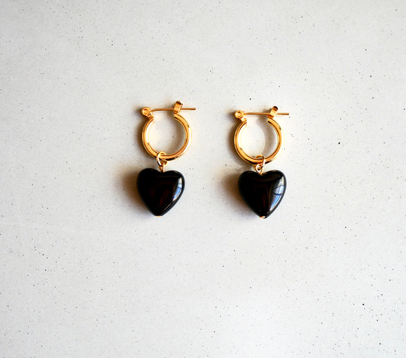 Mila】ハート天然石ピアス ブラックオニキス ピアス（フープ） Un