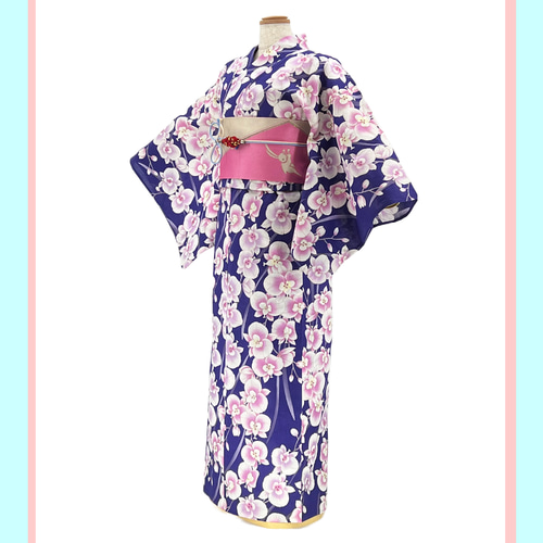 【新品、未使用】東京本板染 藍染綿紅梅浴衣 (着物のみの販売) 京染浴衣 浴衣単品 「胡蝶蘭」 青紫地 箔入り 綿紅梅 綿100% 夏