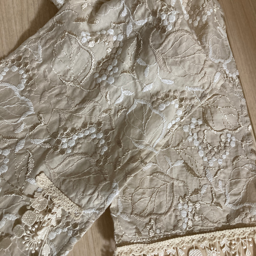 ハンドメイド◇ストールベージュ金刺繍実リーフ刺繍フリンジレース