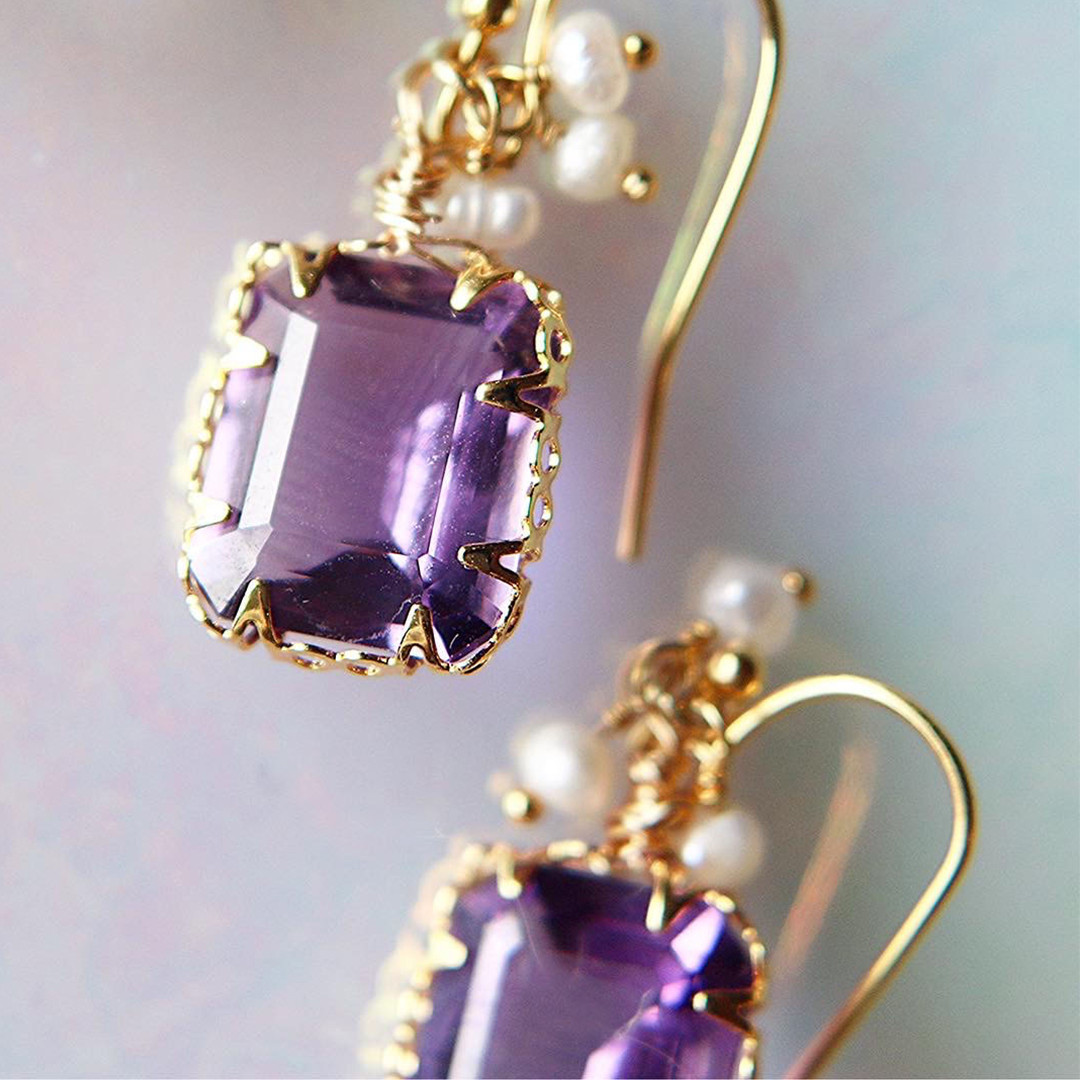 【可愛らしさと大人びた魅力】Dolciumi・ピアス（大粒アメジスト約12×10mm）金属アレルギー対応