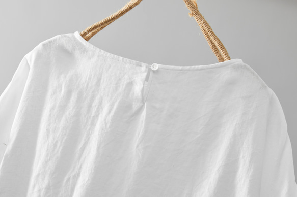 柔軟泡泡袖襯衫 100% 亞麻半袖白色 230509-1 第7張的照片