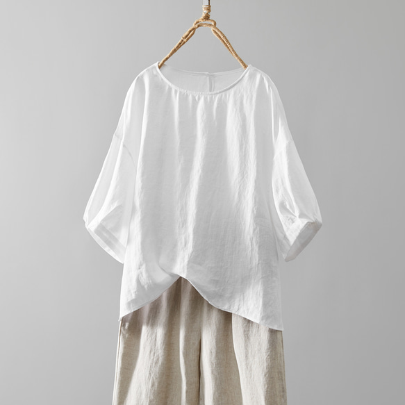 柔軟泡泡袖襯衫 100% 亞麻半袖白色 230509-1 第1張的照片