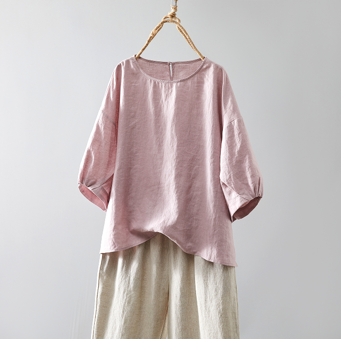 ふんわり　パフスリーブブラウス　リネン100％　五分袖　ピンク　230509-2