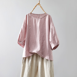蓬鬆泡泡袖襯衫亞麻 100% 半袖粉色 230509-2 第1張的照片