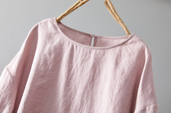 蓬鬆泡泡袖襯衫亞麻 100% 半袖粉色 230509-2 第2張的照片