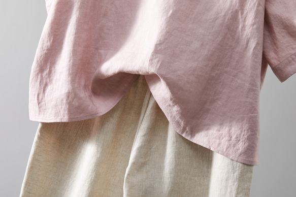 柔軟泡泡袖襯衫 100% 亞麻半袖粉紅 230509-2 第3張的照片