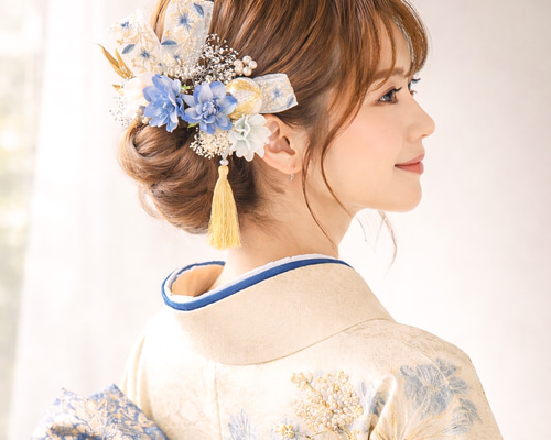 髪飾り 成人式・結婚式】グレイッシュブルー 髪飾り リボン髪飾り 上品