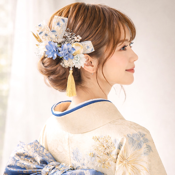 髪飾り 成人式・結婚式】グレイッシュブルー 髪飾り リボン髪飾り 上品