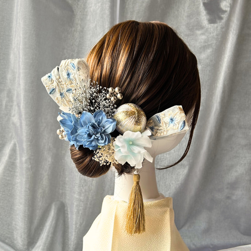 私を彩る』成人式髪飾り スカイブルー×ゴールド 結婚式髪飾り 前撮り