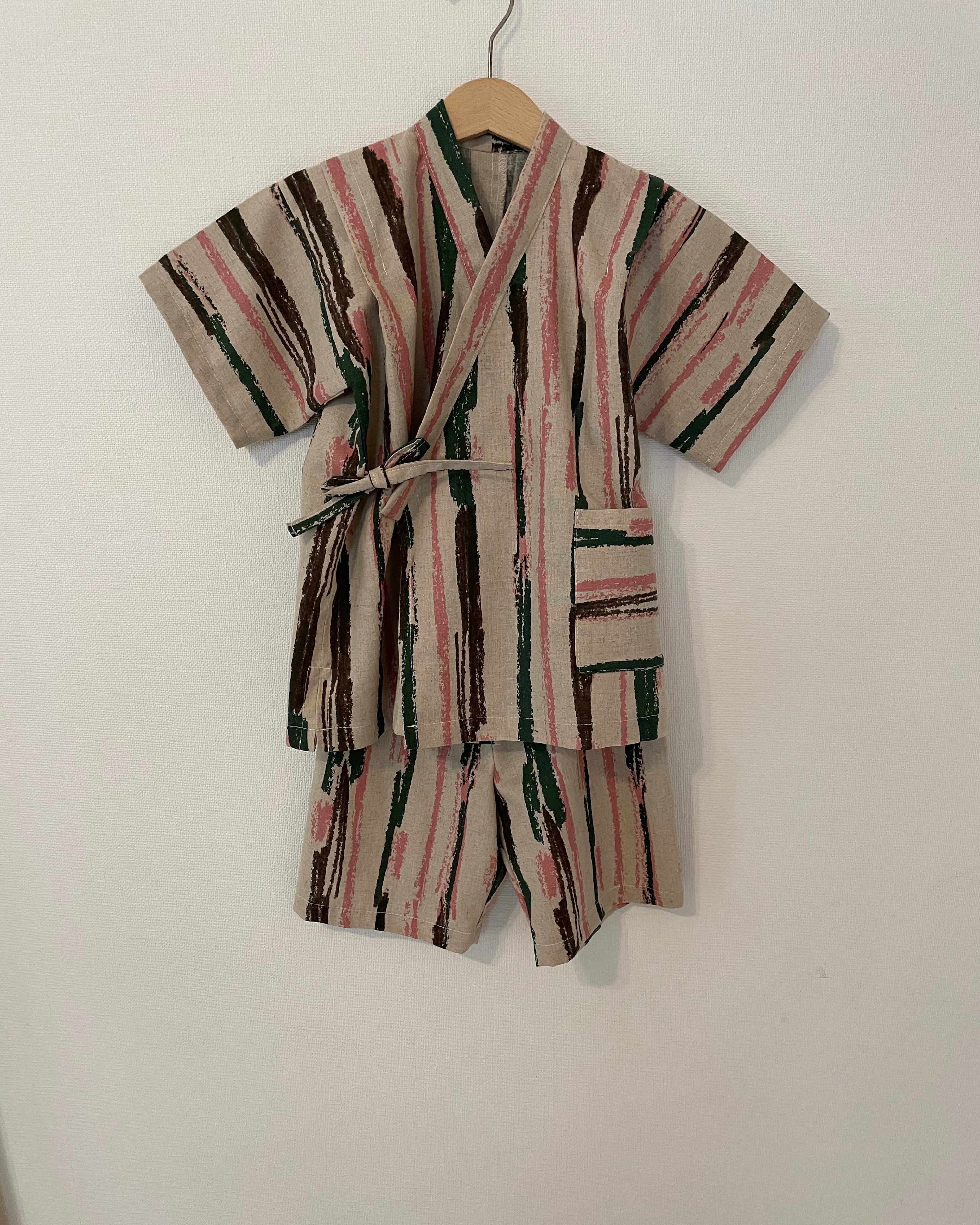 【再販】和モダンストライプ柄甚平ピンク　サイズ100