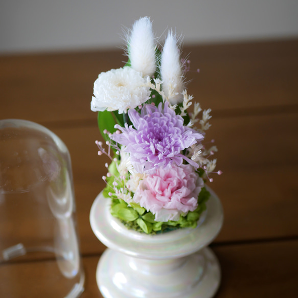 「仏花」ことね菊パープルのプリザーブドフラワーのガラスドーム＜受注制作＞ 5枚目の画像
