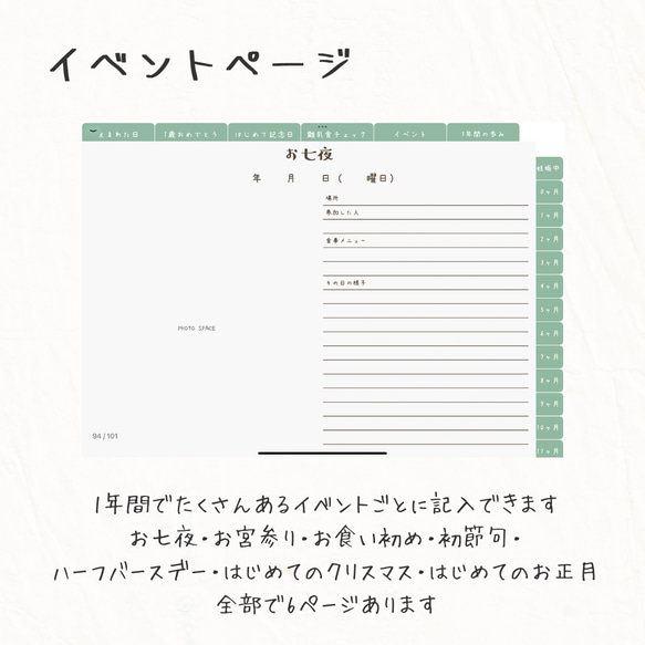 【iPadで育児日記】アルバムにもなるデジタルベビーダイアリー（緑）全101ページセット 10枚目の画像