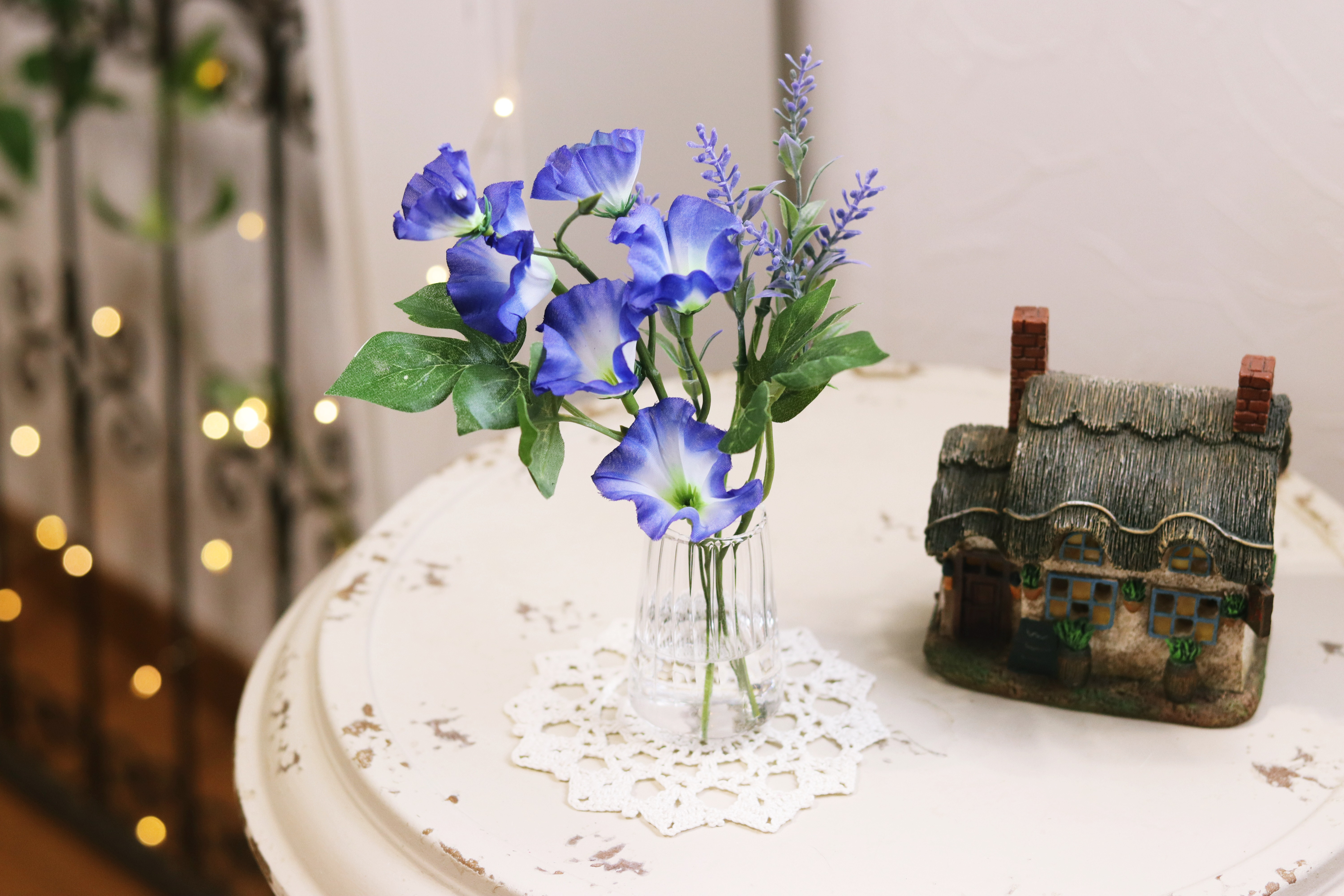 3色から選べる「朝顔とラベンダー」ガラス器アレンジ 水替え不要