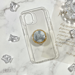 [全機種対応]金箔仕立て*大理石調マーブル グリップソケットホルダー付きスマホケース 指かけ落下防止 ソフトスマホカバー 2枚目の画像