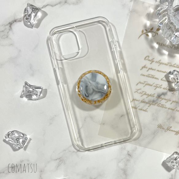 [全機種対応]金箔仕立て*大理石調マーブル グリップソケットホルダー付きスマホケース 指かけ落下防止 ソフトスマホカバー 2枚目の画像