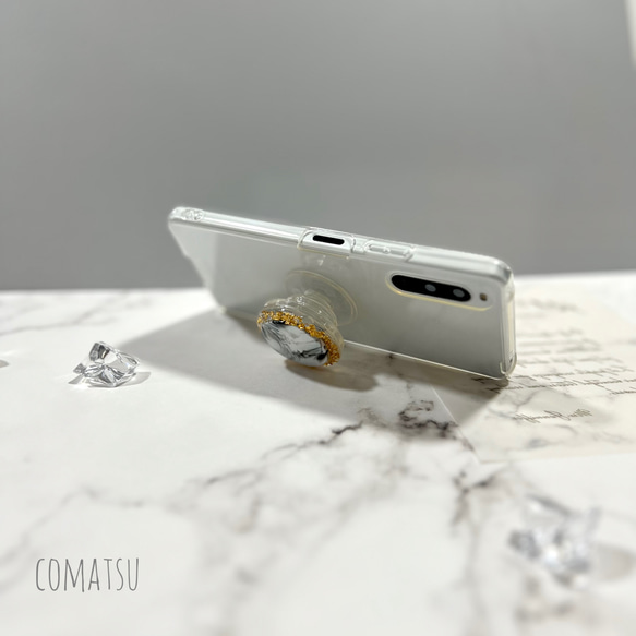 [全機種対応]金箔仕立て*大理石調マーブル グリップソケットホルダー付きスマホケース 指かけ落下防止 ソフトスマホカバー 7枚目の画像
