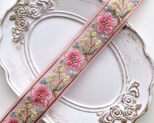 250 【 幅：3cm 】 インド刺繍リボン ピンク チュール イエロー リボン