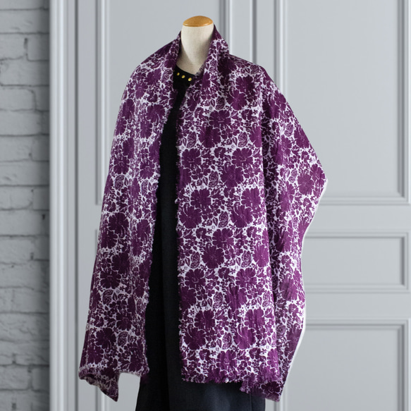 PSNY 手捲亞麻柳友禪染色，紫色花朵圖案，半尺寸披肩，近江千吉米，手工染色 SG14 第5張的照片