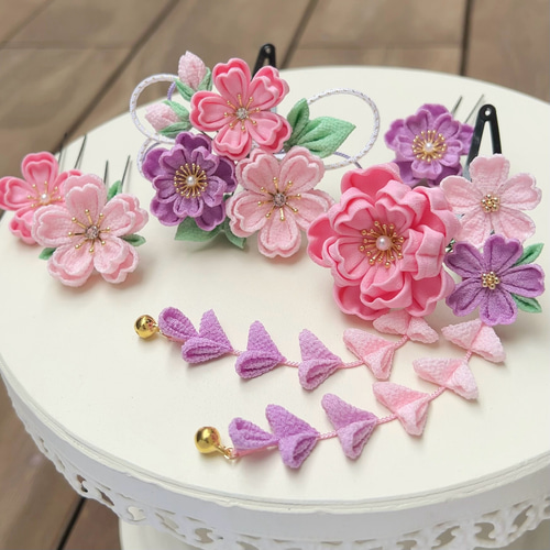 七五三（3歳さん向け）桜かんざしセット つまみ細工 ピンク 藤 紫