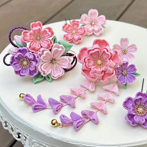 七五三（３歳さん向け）桜かんざしセット つまみ細工 ピンク 藤 紫