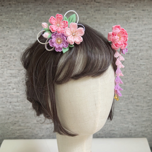 七五三（3歳さん向け）桜かんざしセット つまみ細工 ピンク 藤