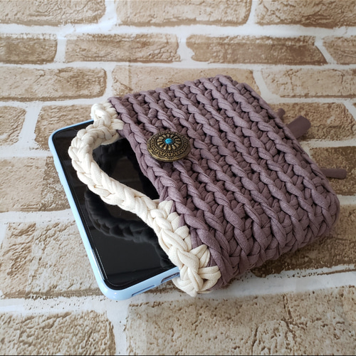 30%OFF】スマホポーチ ベージュ×アイボリー ズパゲッティ ミニトートバ