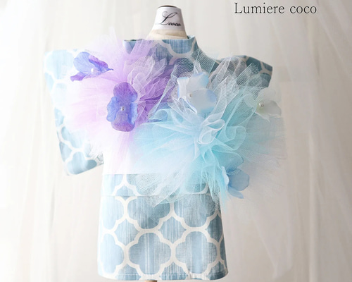 ♡ハンドメイド♡小型犬服♡紫陽花コサージュワンピース♡ブルー アキュミリア accu milia ブルークレールコットンワンピ XS/SS