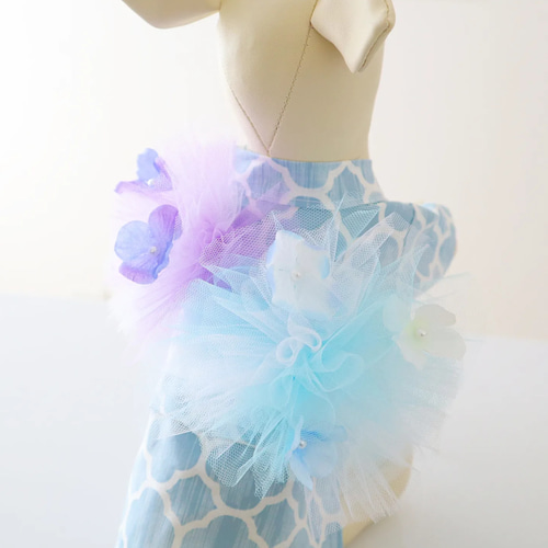 ♡小型犬服♡ハンドメイド♡紫陽花コサージュワンピース♡ブルー 犬服＊浴衣・紫陽花(水花色) ペット服・アクセサリー lumiere