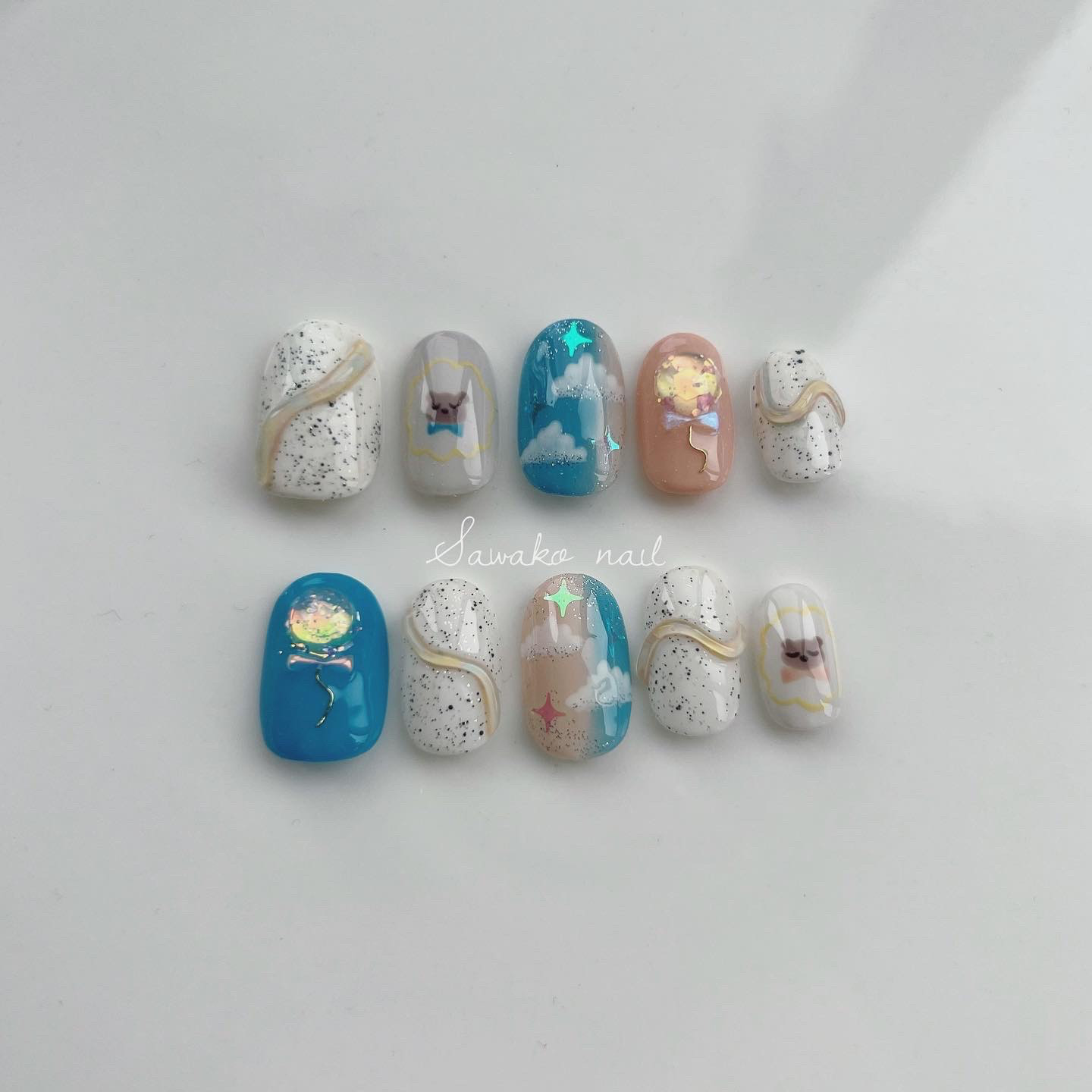 オーダーネイル ネイルチップ フルオーダーネイル シンプル 水色 韓国 アニマル