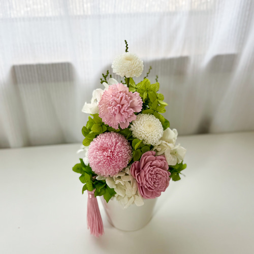 仏花　プリザーブドフラワーアレンジ　クリアケース入り　お供え花　ピンポンマム 仏花 ✧ピンクのピンポンマム✧ プリザーブドフラワー お供え花