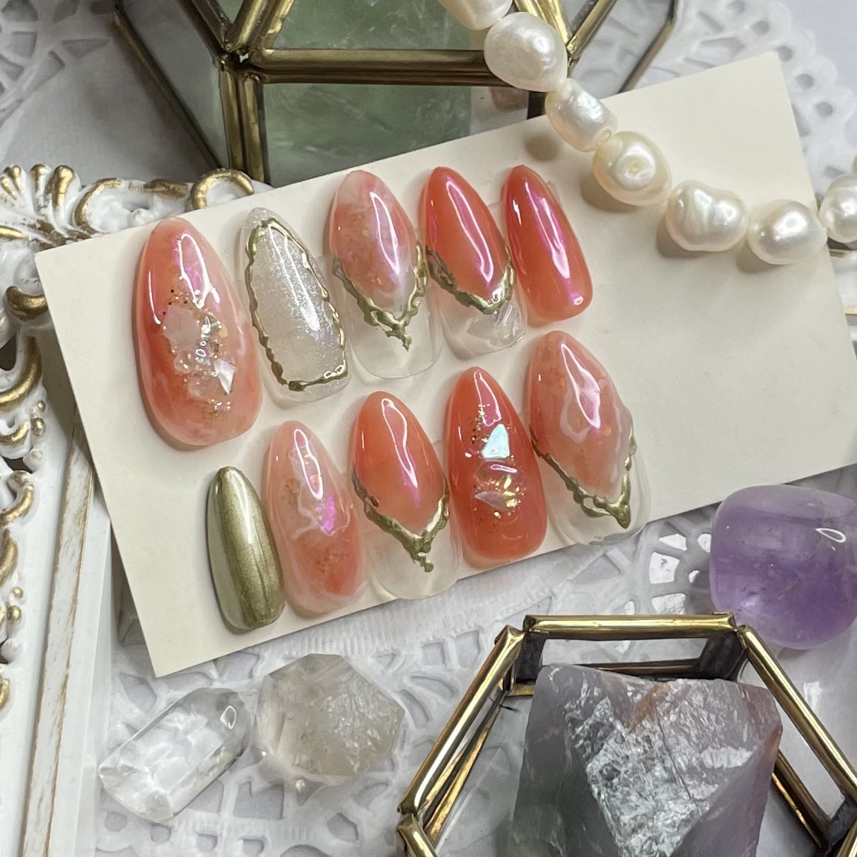 サイズオーダー♡天然石風ニュアンス×ミラーネイルチップ オレンジ  