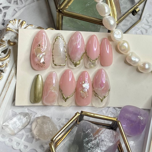 サイズオーダー♡天然石風ニュアンス×ミラーネイルチップ ピンク