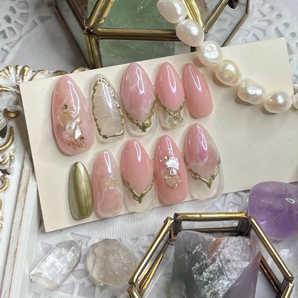 サイズオーダー♡天然石風ニュアンス×ミラーネイルチップ ピンク order  