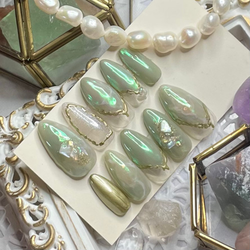 サイズオーダー♡天然石風ニュアンス×ミラーネイルチップ グリーン