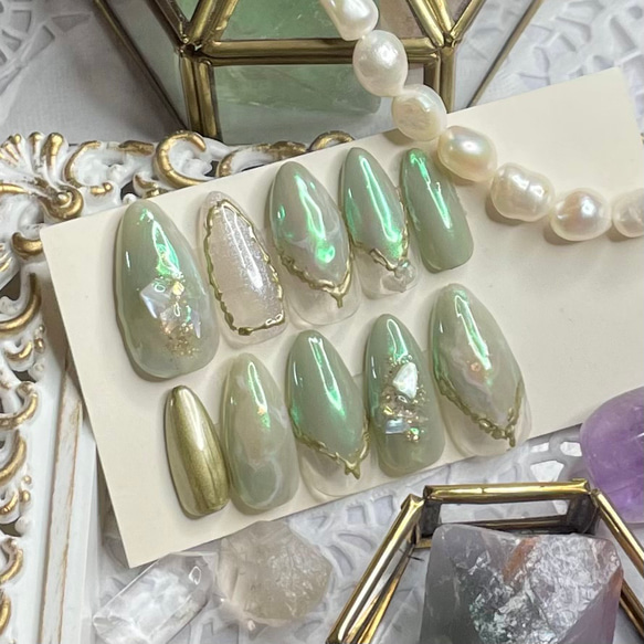 サイズオーダー♡天然石風ニュアンス×ミラーネイルチップ グリーン  
