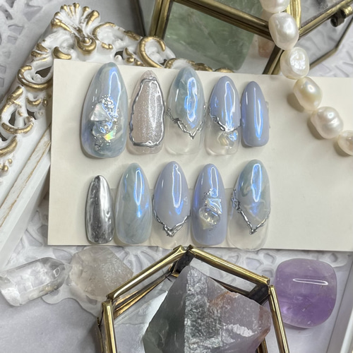 天然石ネイル ニュアンスネイル ミラーネイル ネイルチップオーダー 大理石ネイル #天然石ネイル #さくら色 #モノトーン #ミラー