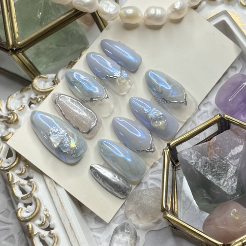 天然石ネイル ニュアンスネイル ミラーネイル ネイルチップオーダー サイズオーダー♡天然石風ニュアンス×ミラーネイルチップ ブルー order