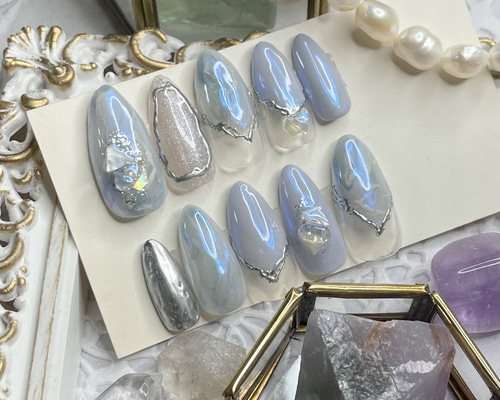 天然石ネイル ニュアンスネイル ミラーネイル ネイルチップオーダー サイズオーダー♡天然石風ニュアンス×ミラーネイルチップ ブルー