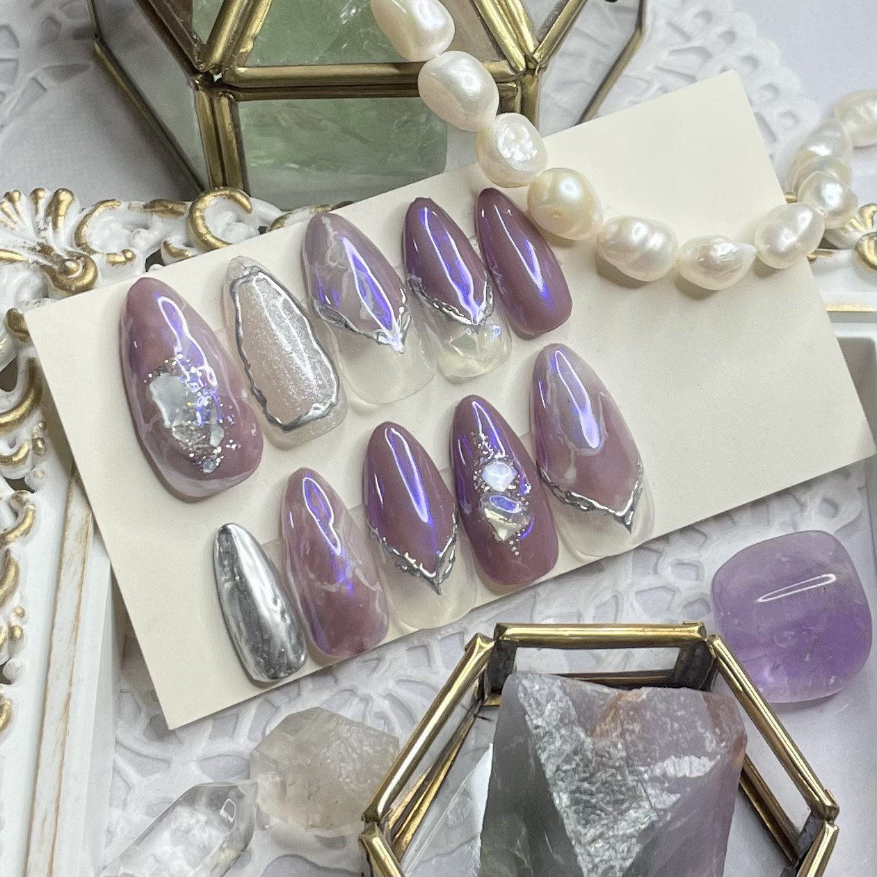 サイズオーダー♡天然石風ニュアンス×ミラーネイルチップ パープル  
