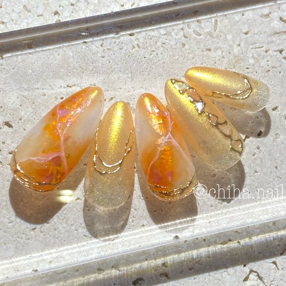 サイズオーダー♡天然石風ニュアンス×ミラーネイルチップオレンジ