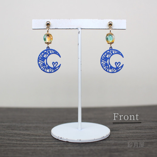 三日月チャームとチェコガラスのピアス ブルー】イヤリング プレゼント