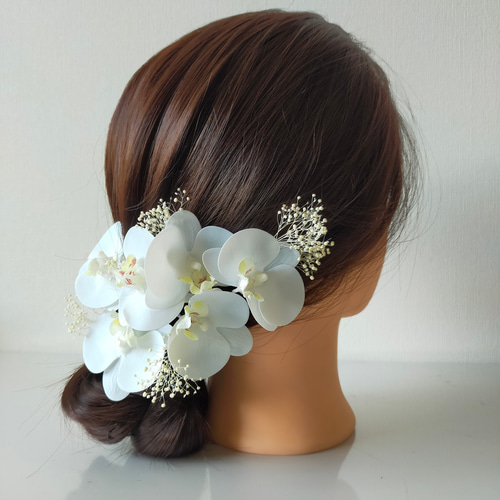 ミニ胡蝶蘭とかすみ草の髪飾り ヘッドドレス（アクセサリー） riri