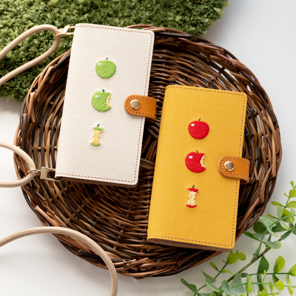 全機種対応 スマホケース 手帳型 【 new フレッシュアップル 】 ゴールドパーツ 刺繍 レザー 帆布 A308I 1枚目の画像