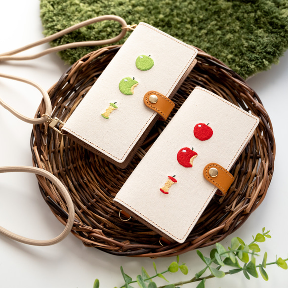 全機種対応 スマホケース 手帳型 【 new フレッシュアップル 】 ゴールドパーツ 刺繍 レザー 帆布 A308I 17枚目の画像