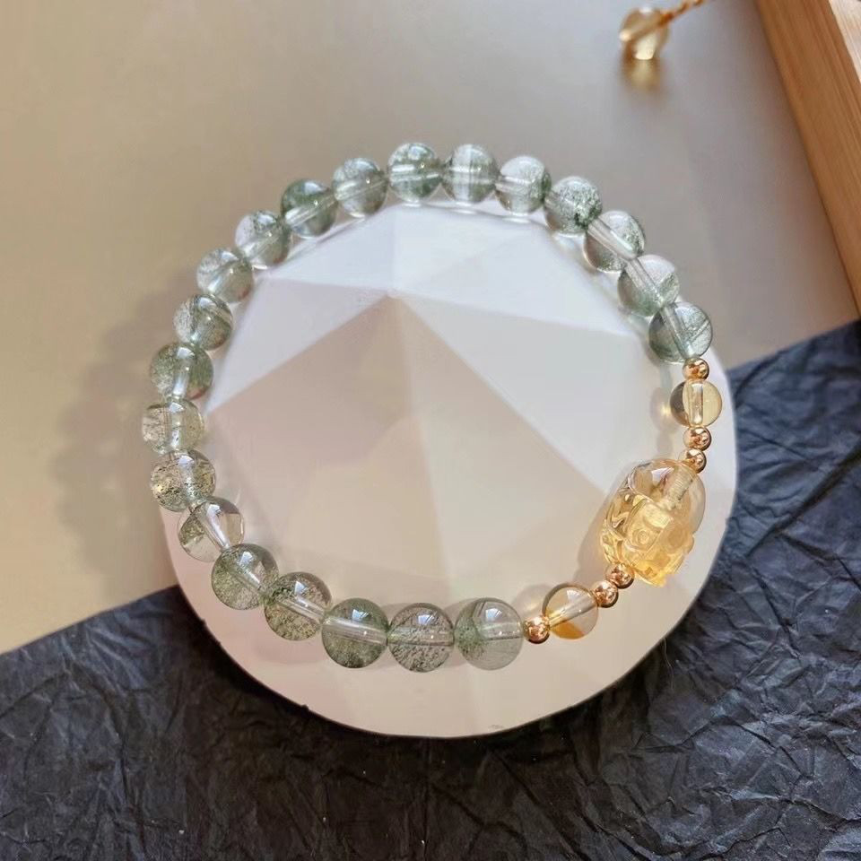 ♢大自然からの力♢幸運をもたらす♢天然グリーンファントムクリスタル♢ピシュ貔貅ブレスレット♢天然の黄水晶で丁寧に彫刻さ