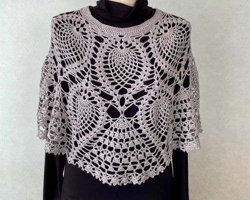 手編み 大きなパイナップル模様のポンチョ風プル ハンドメイド M~2XL グレー 1回完結レッスン】【PDF編み図付き】パイナップル模様のポンチョ風プル