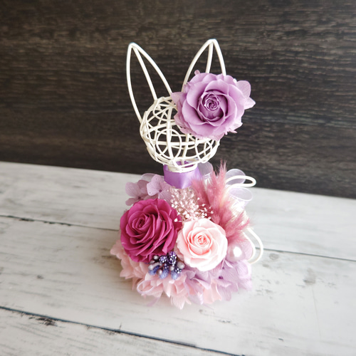 プリザーブドフラワー 白猫アレンジ ピンクパープル ブリザード